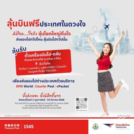 ไฟนอลคอล!! 7 วันสุดท้าย แคมเปญ “ส่งของไปทวีปไหน ลุ้นบินไปทวีปนั้น” ลุ้นสิทธิ์บินฟรี 4 ทวีปกับไปรษณีย์ไทย