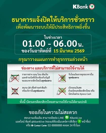 กสิกรไทย แจ้งปิดปรับปรุงระบบชั่วคราว ช่วง 01:00 – 06:00 น. ของวันที่ 15 มี.ค. 69