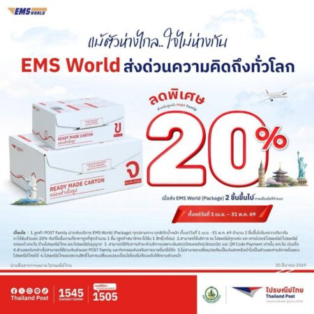 ไปรษณีย์ไทย ส่งทั่วโลก ครอบคลุม 234 ปลายทาง เผย 9 ประเทศยอดส่งสูง และสินค้า   6 ประเภทดาวรุ่ง พร้อมดันธุรกิจไทยโตไกลด้วยโปรส่งด่วนต่างประเทศลดสูงสุด 20%